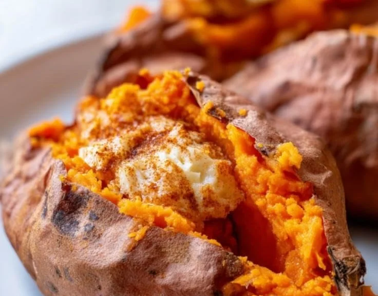 Fluffy baked sweet potatoes served on a plate with herbs