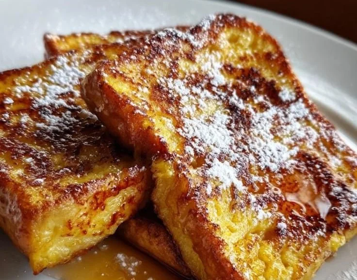 Deliciously golden French Toast topped with syrup and berries.