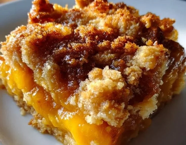 A delicious fresh peach cobbler served in a dish, showcasing ripe peaches and a golden crust.
