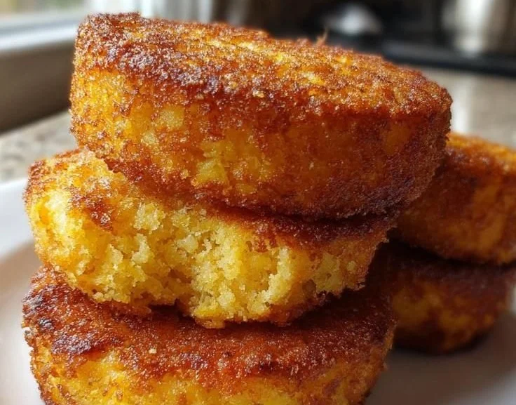 Deliciously golden Fried Cornbread served on a plate