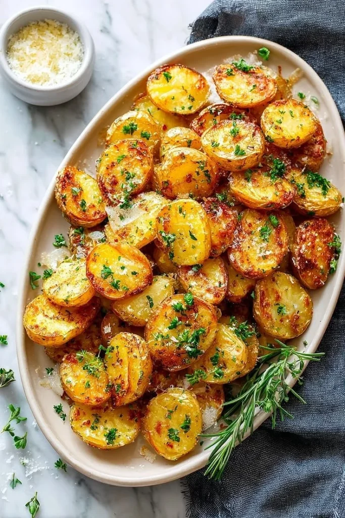 Garlic Butter Parmesan Roasted Potatoes on a plate garnished with herbs