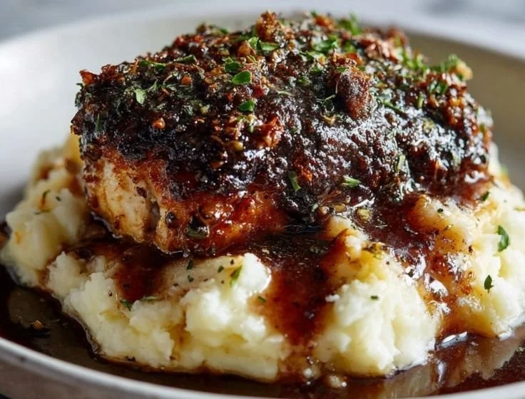 Plate of juicy Garlic Herb Chicken garnished with fresh herbs.