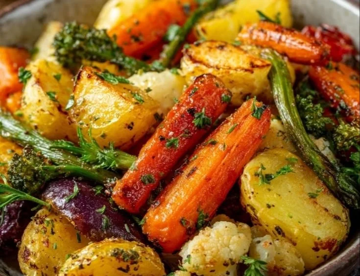 Colorful garlic herb roasted veggies on a baking tray, ready to serve.