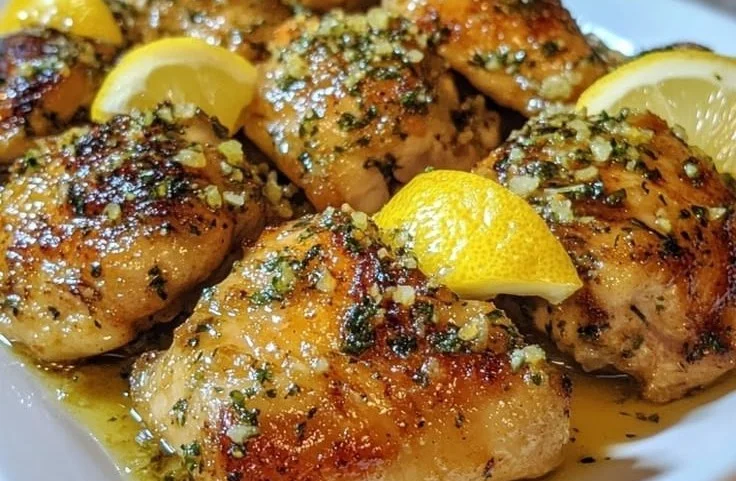 Delicious Garlic Lemon Chicken Thighs served with fresh herbs