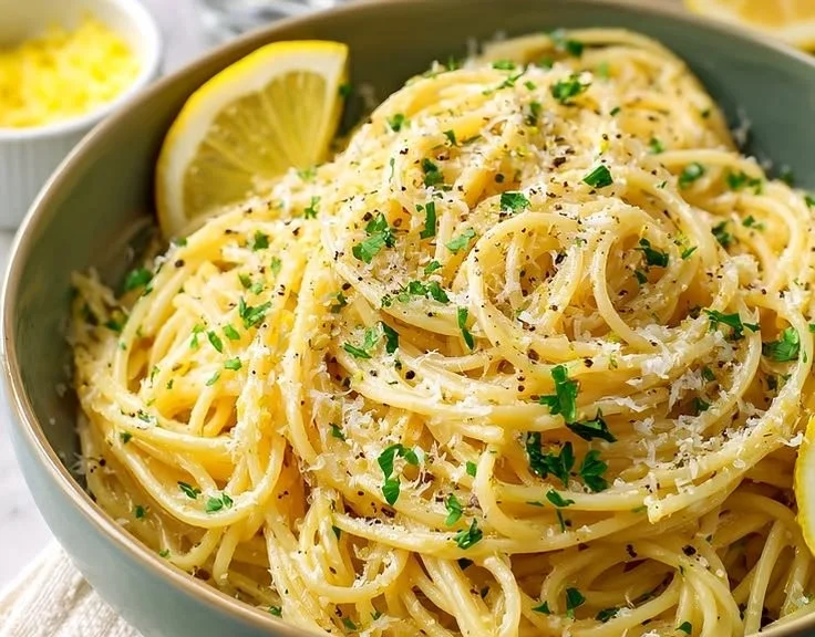 Plate of Garlic Lemon Pasta garnished with fresh herbs and lemon slices