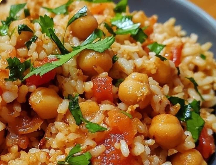 Bowl of Garlic Tomato Chickpea Rice garnished with herbs