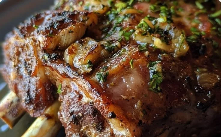 Garlic yogurt marinated lamb shoulder on a plate with herbs