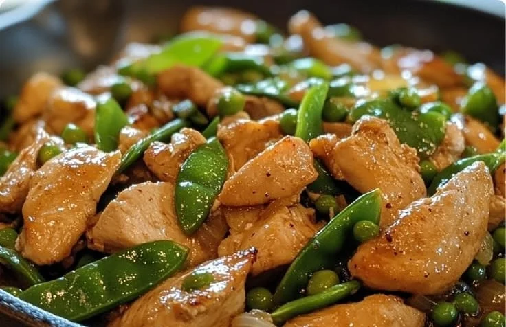 Ginger Chicken & Snow Pea Skillet with vibrant ingredients in a pan