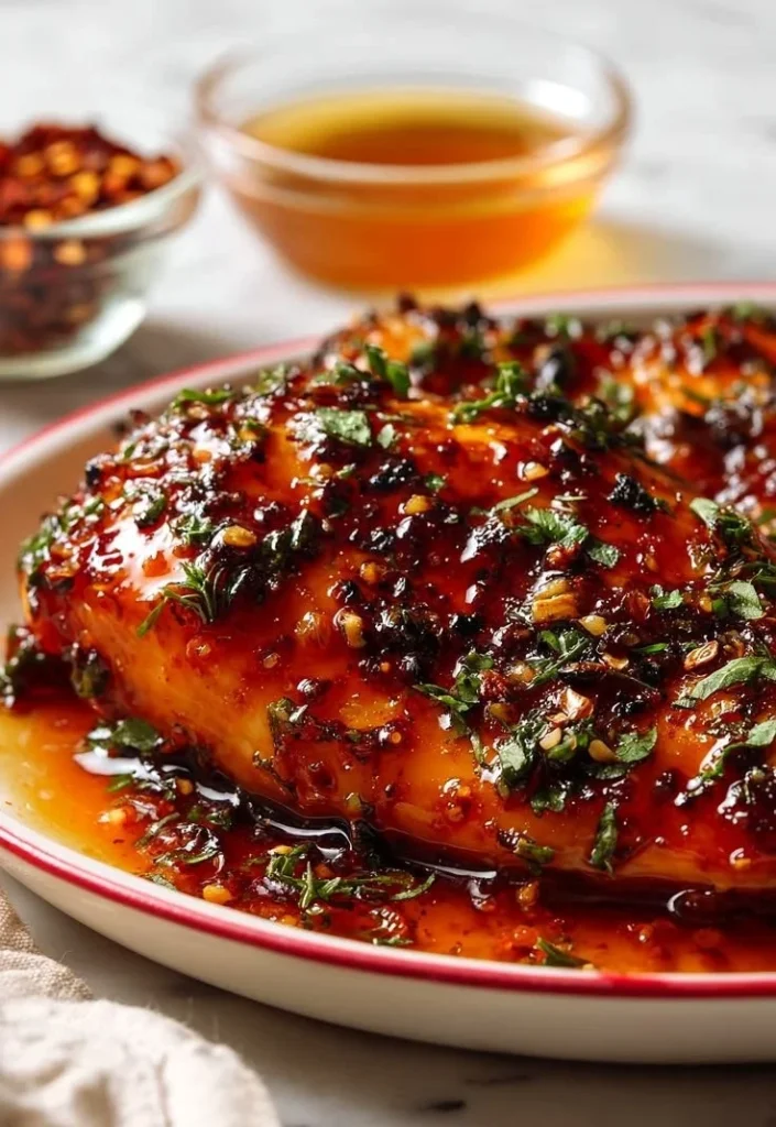 Hot honey chicken breasts glazed with a sweet and spicy sauce