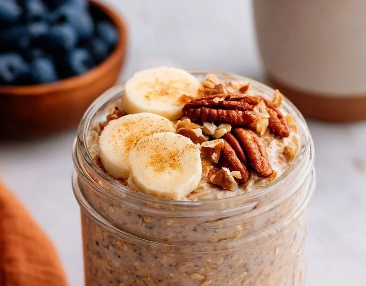 Bowl of gluten-free cinnamon banana bread overnight oats topped with banana slices.