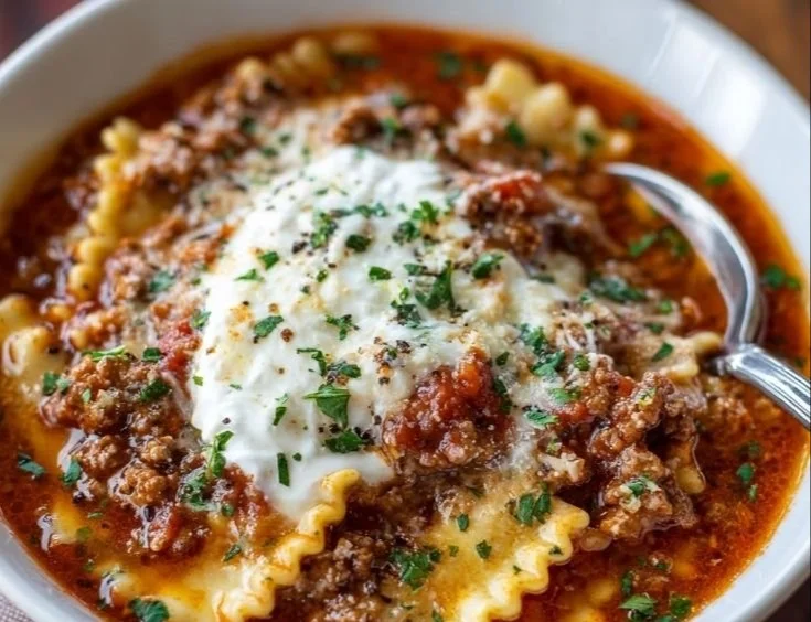 Bowl of gluten free lasagna soup topped with melted cheese and fresh herbs