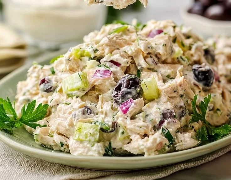 A bowl of Gluten-Free Mediterranean Chicken Salad with vibrant vegetables and chicken