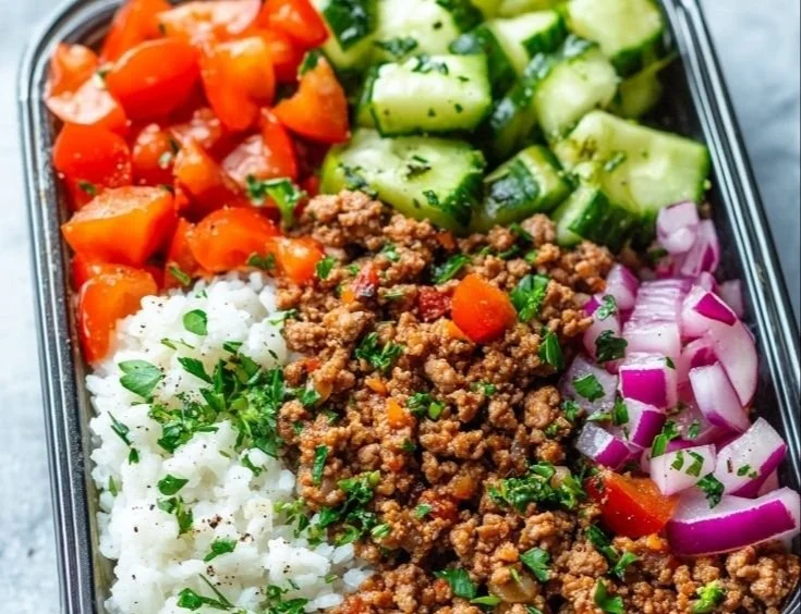 Delicious Greek ground turkey served with fresh vegetables and herbs