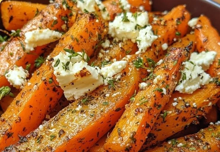 Plate of Greek honey-thyme roasted carrots with whipped feta cheese