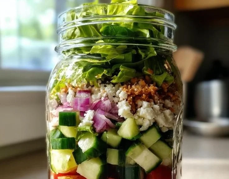 Healthy Greek Mason Jar Salad with fresh vegetables and feta cheese
