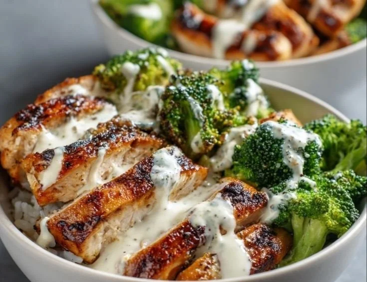 Grilled chicken broccoli bowls topped with creamy garlic sauce in a colorful dish.