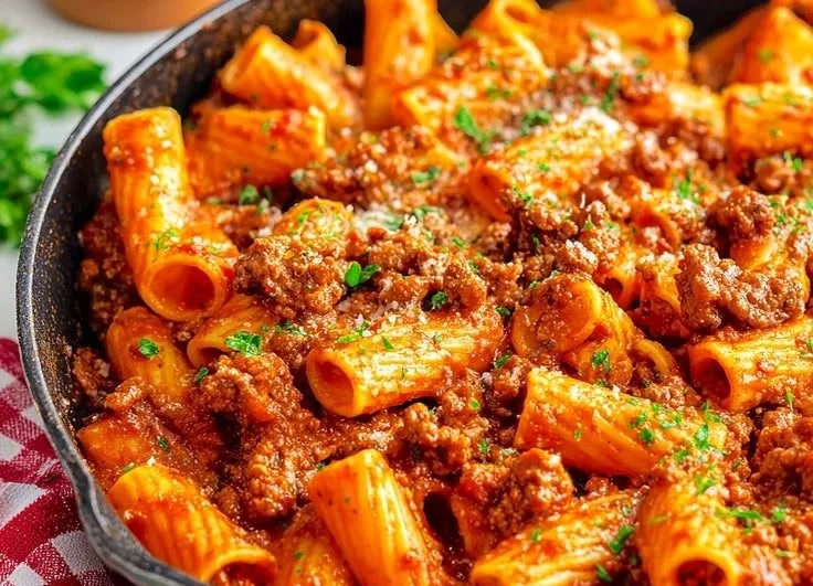 Comforting ground beef pasta in rich tomato sauce served in a bowl.