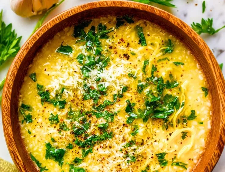 Bowl of healing Italian Penicillin Soup with fresh herbs and ingredients