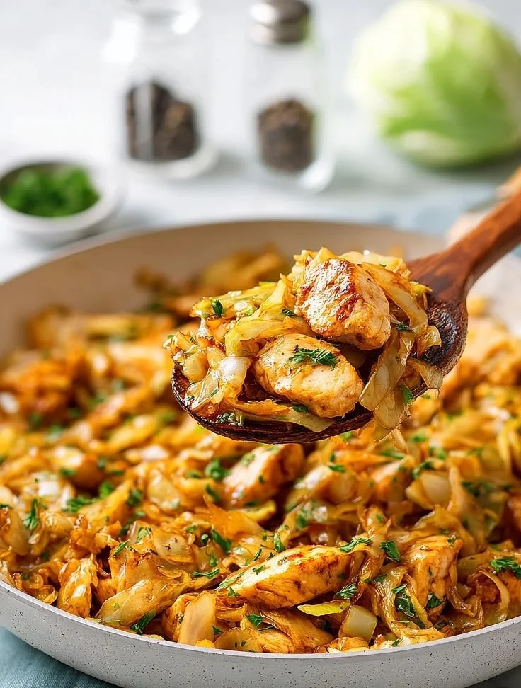 Healthy chicken stir fry dish with cabbage and colorful vegetables