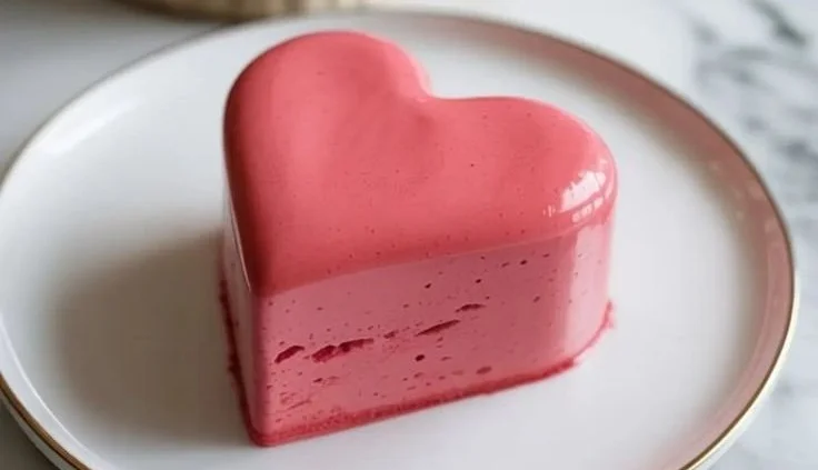 Heart-shaped raspberry mousse dessert topped with fresh raspberries.