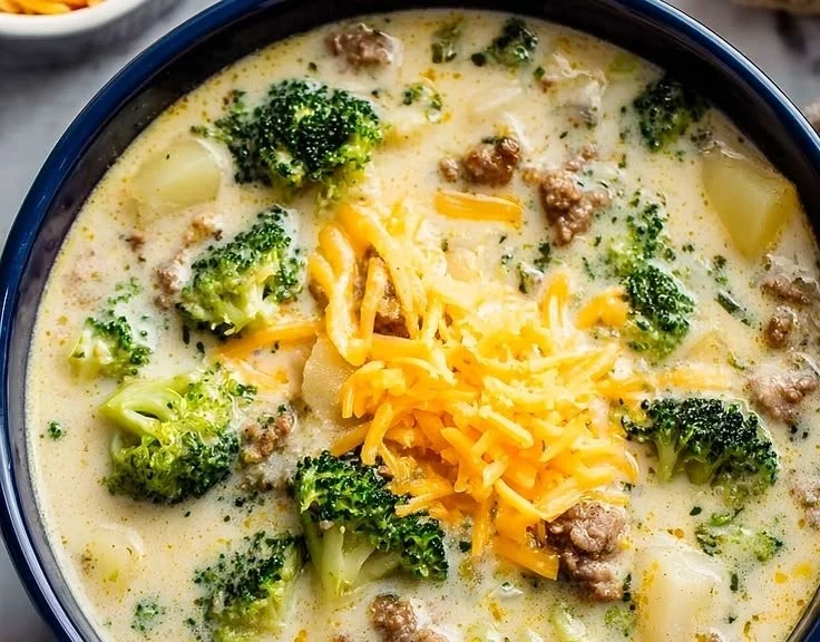 Hearty broccoli cheese soup with ground beef in a bowl