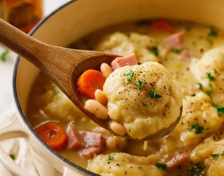 Delicious hearty ham and bean soup with fluffy dumplings in a bowl