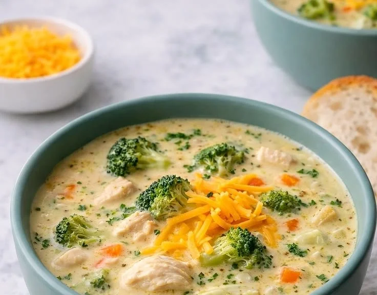 A bowl of hearty one-pot chicken broccoli cheddar soup with cheese and broccoli.