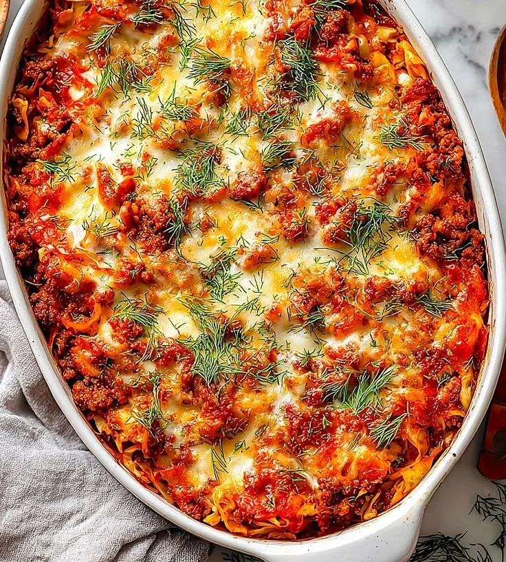 Hearty unstuffed ground beef cabbage roll casserole in a baking dish