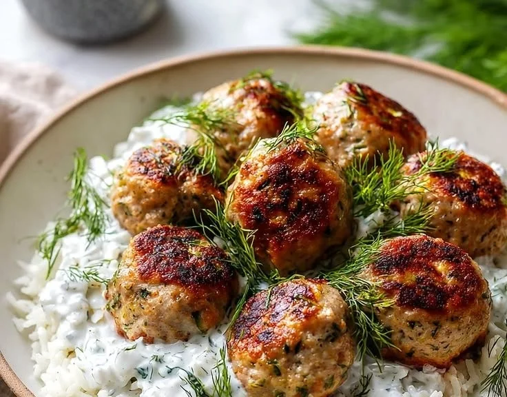 Herbed Greek turkey meatballs served with tzatziki sauce on a plate.