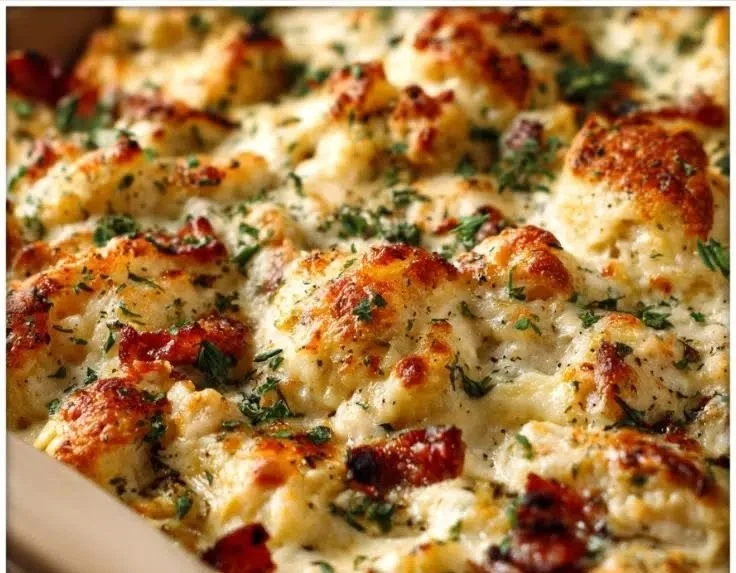 High protein chicken bake with fresh vegetables and herbs