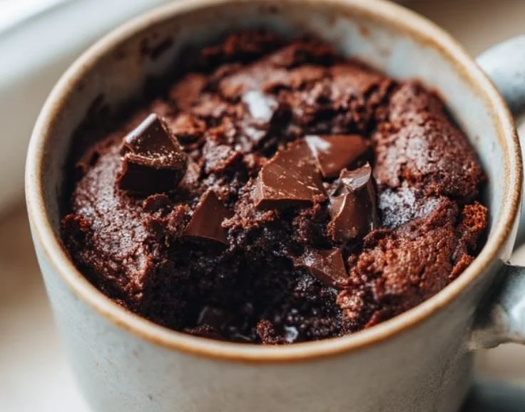 High-protein microwave brownie fresh out of the microwave, topped with chocolate chips.