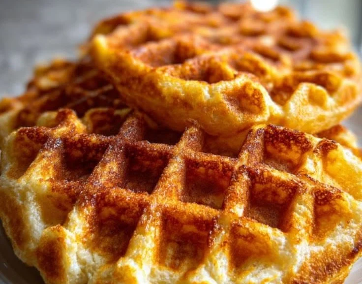 A stack of high protein waffles topped with fresh berries and syrup.