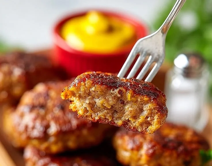 Homemade authentic German meatballs served with sauce and herbs.
