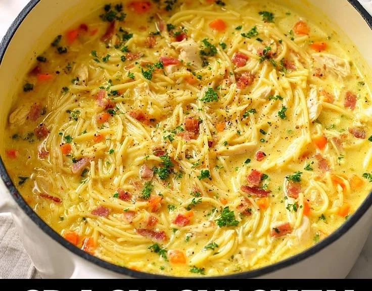 Bowl of homemade Crack Chicken Noodle Soup with herbs and noodles