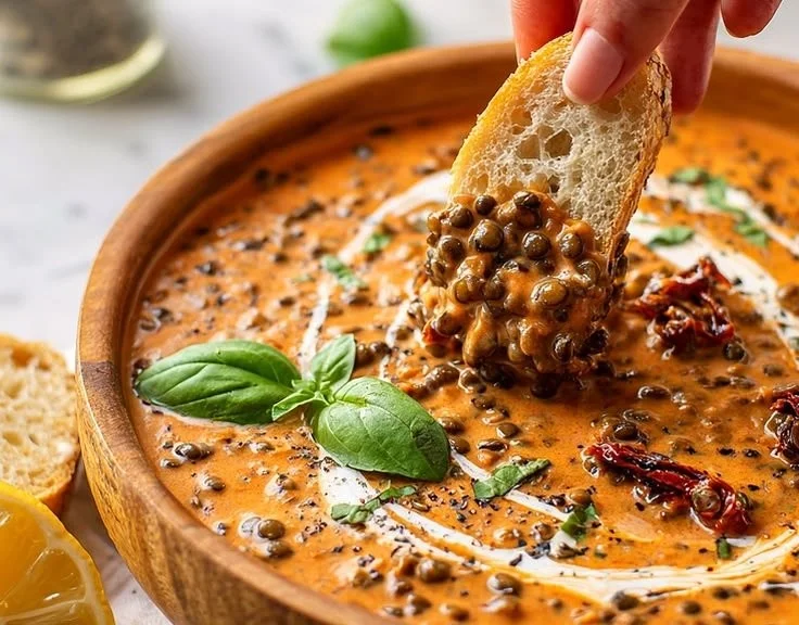 Bowl of creamy lentils served with herbs and spices