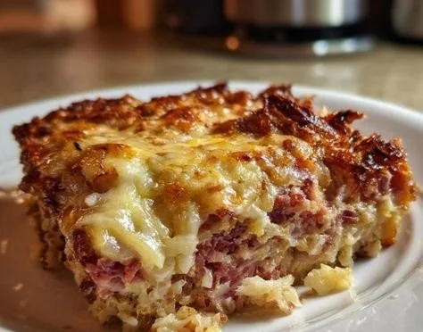 Delicious homemade Reuben Bake with layers of corned beef, sauerkraut, and cheese