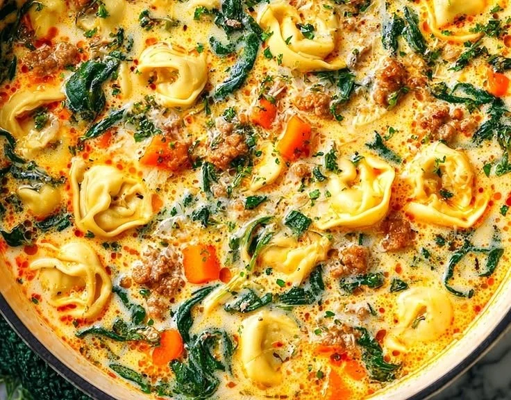 Bowl of homemade sausage tortellini soup with spinach and vegetables