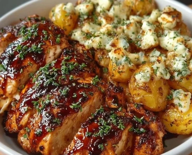 Honey BBQ Chicken served with garlic parmesan potatoes on a plate