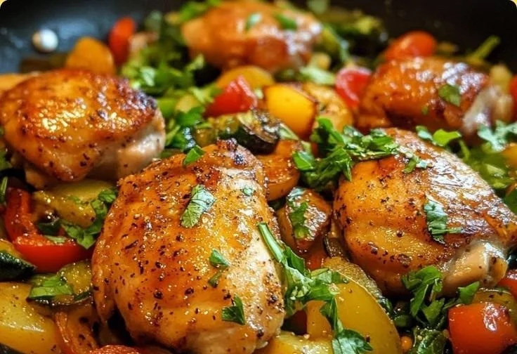 Honey Garlic Chicken Thighs with vegetables in a skillet