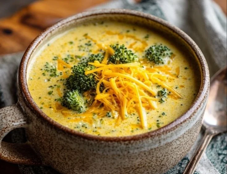 Bowl of creamy Instant Pot broccoli cheddar soup with cheese and broccoli florets.