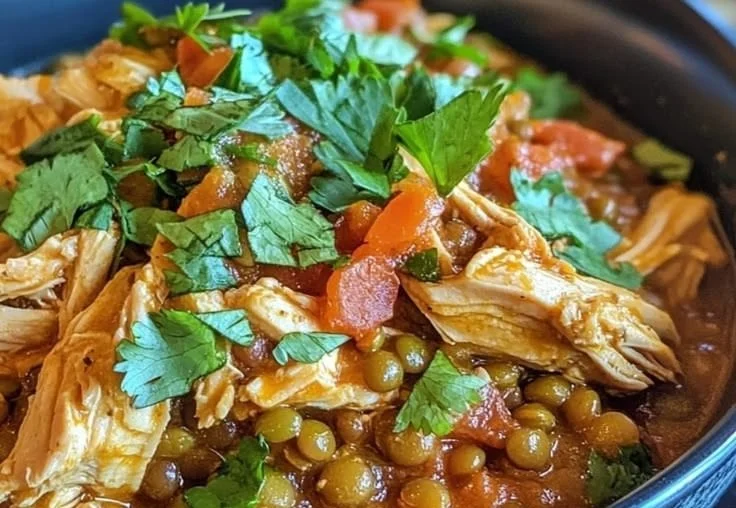 Instant Pot chicken and lentils dish garnished with herbs, served in a bowl.