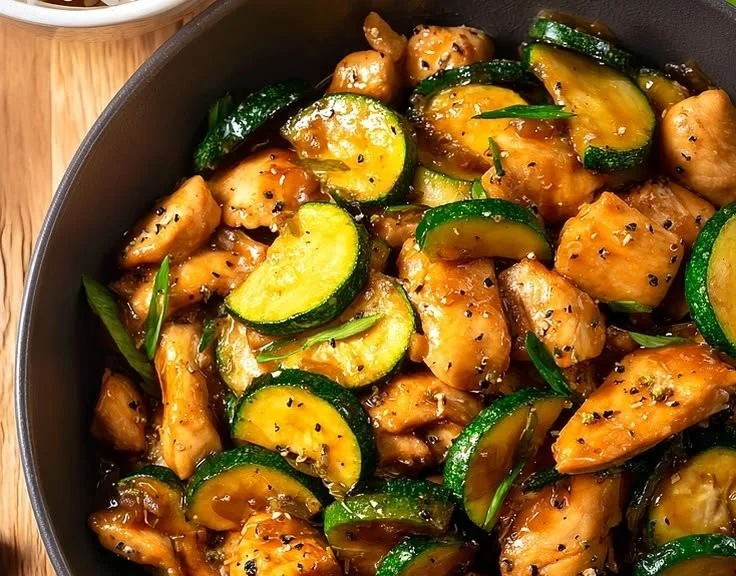 Irresistible chicken zucchini stir fry served in a bowl with fresh vegetables
