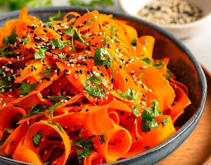 Viral TikTok carrot salad with fresh vegetables and dressing in a bowl