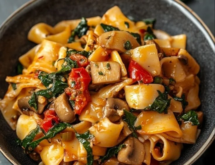Italian Drunken Noodles with fresh vegetables and aromatic herbs