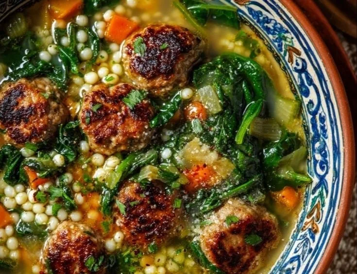 A bowl of homemade Italian Wedding Soup garnished with fresh herbs and lemon.