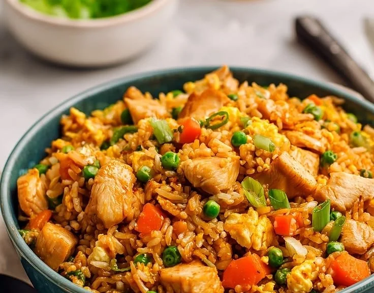 Juicy chicken fried rice dish garnished with vegetables in a bowl