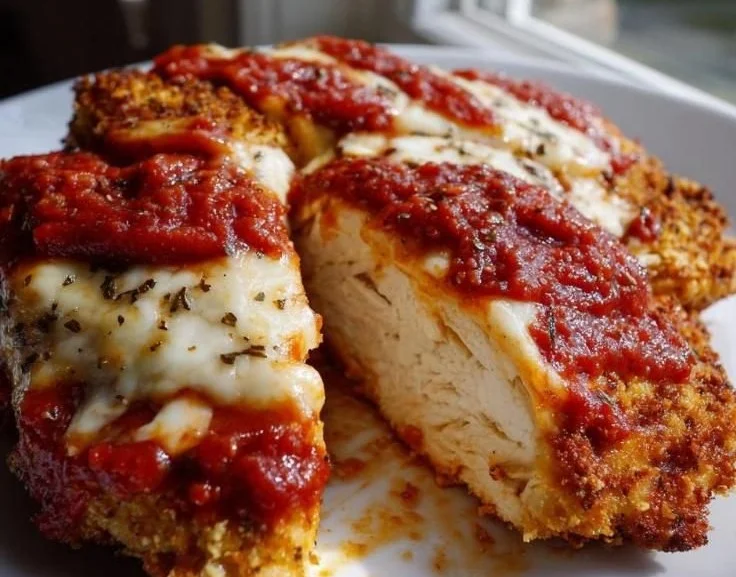 Delicious Keto Chicken Parmesan topped with melted cheese and herbs