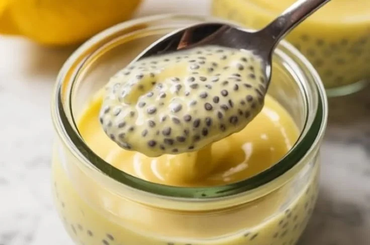A bowl of lemon chia pudding topped with fresh lemon slices and mint leaves.