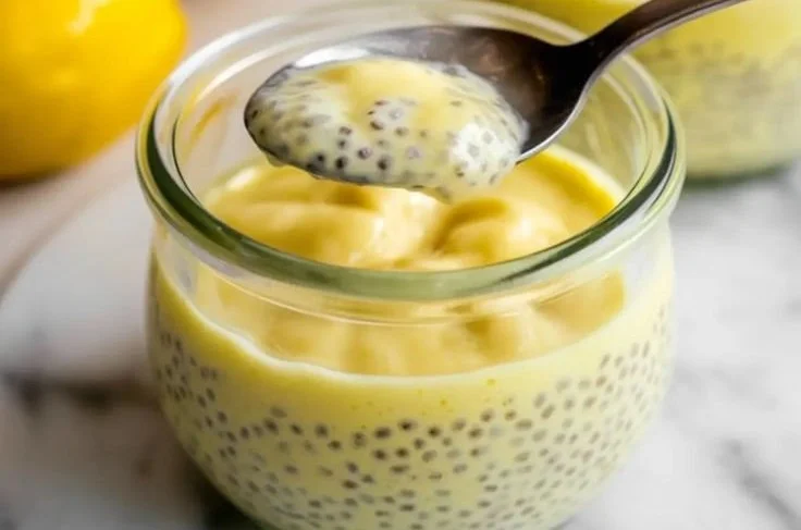 Delicious lemon chia pudding topped with fresh fruit and mint