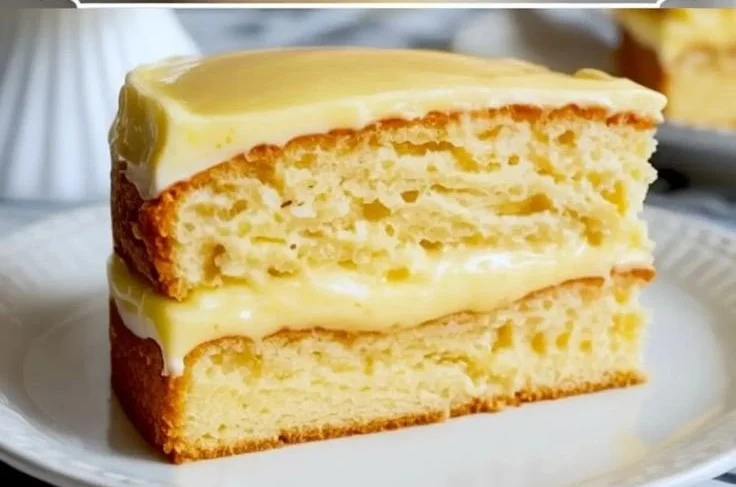 Lemon cream cheese cake filling poured over a fluffy cake layer